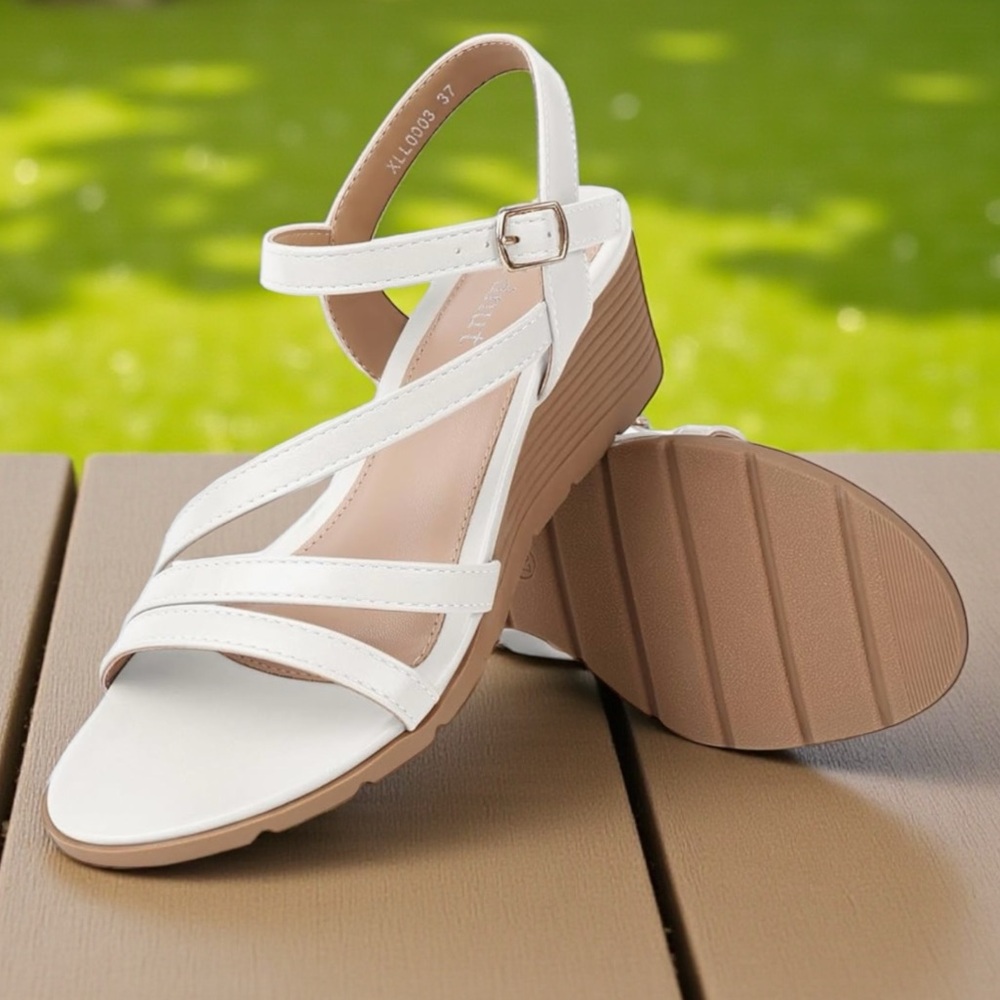 Goldnut - Women's Wedge Strappy Sandals - White, 7